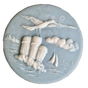 VTG Genuine Blue Incolay Trinket Box Robert Nemith Handcrafted Seagulls Nautical